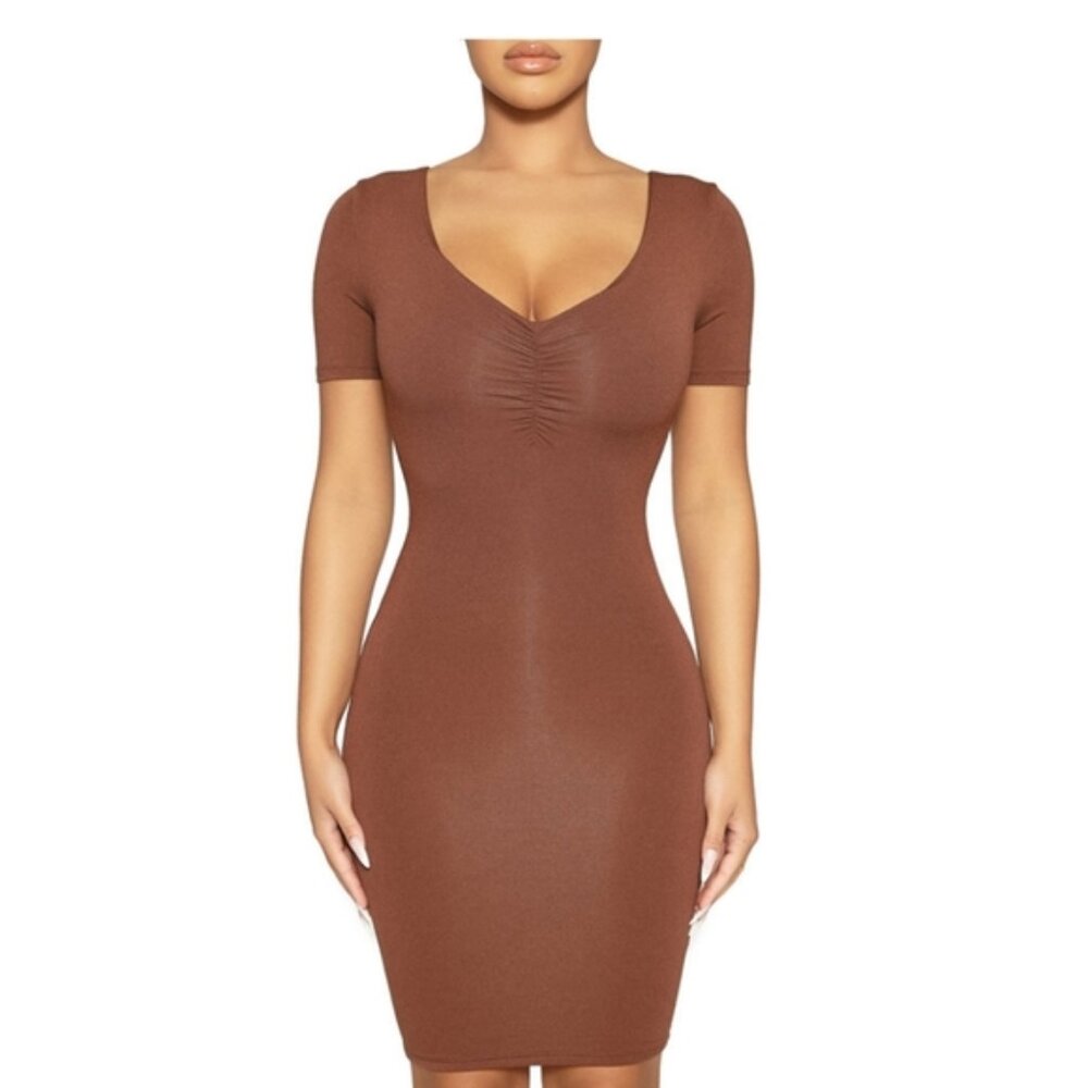 NEW Naked Wardrobe Short Sleeves Ruched Bust Dress